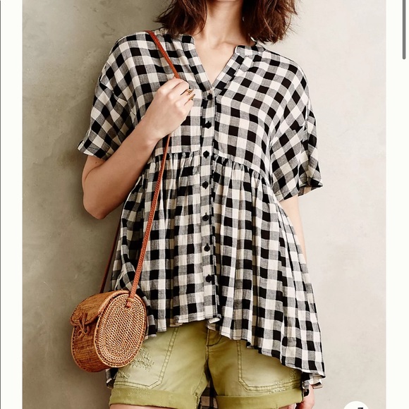 Anthro Tylho Checked Swing Top Gingham Linen Plaid Blouse Shirt Summer Linen S - Picture 8 of 16